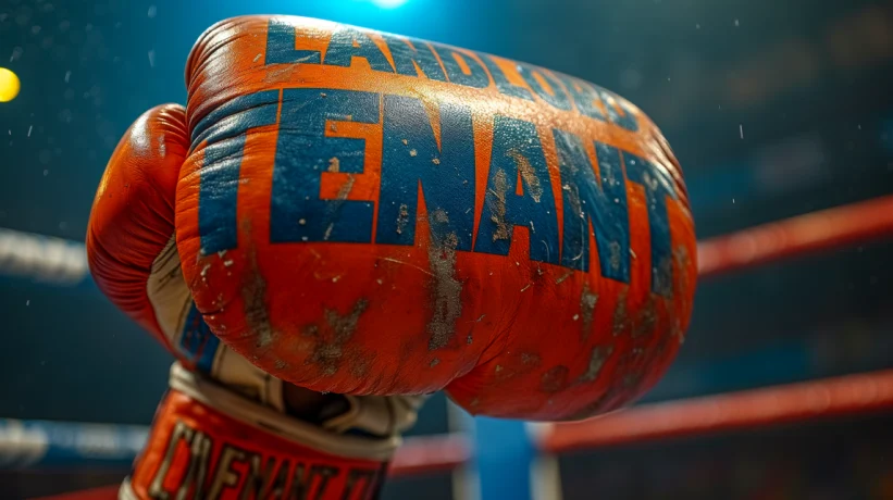 A boxing glove labeled with 'Landlord' and 'Tenant'