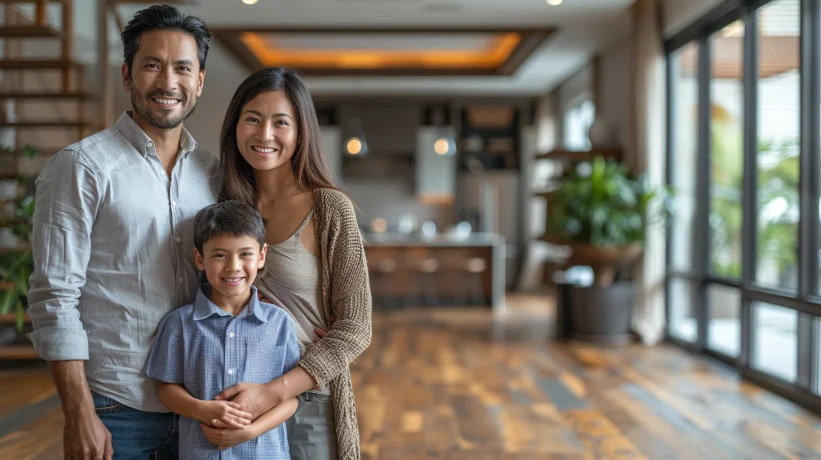 Family standing insider their new California home 