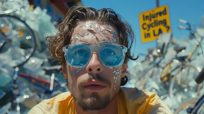 Cyclist in front of injured cycling sign in Los Angeles