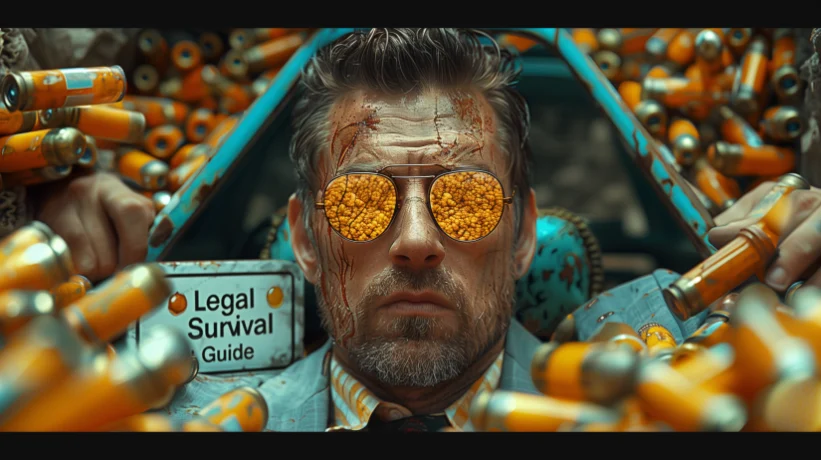 Man with reflective glasses in a tense situation with bullets around.