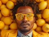 Attorney surrounded by lemons wearing yellow sunglasses and suit