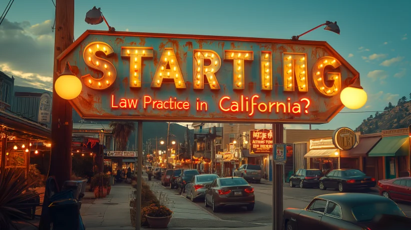 Street view with a sign that reads "Starting Law Practice in California?"