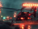 Helicopter shooting fireworks near Lamborghini with "Arrested" sign