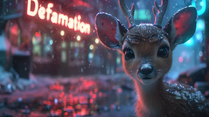 Baby reindeer in a snowy urban environment with defamation sign