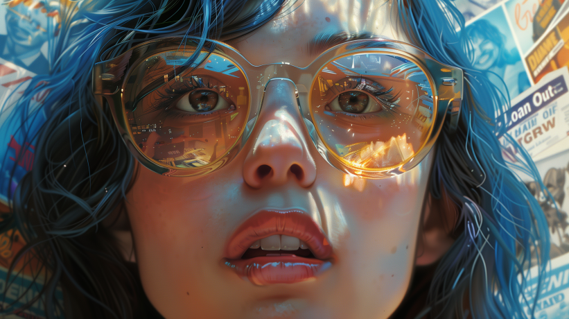 Close-up of person with blue hair wearing reflective glasses in urban setting