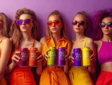 Group of young women in colorful outfits holding cans of "Class Action" beverage