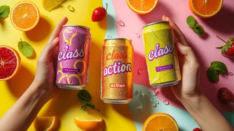 Colorful cans of Poppi prebiotic soda with fresh fruit and citrus slices