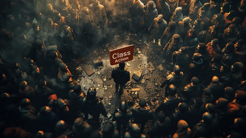 Crowd surrounding a class action sign