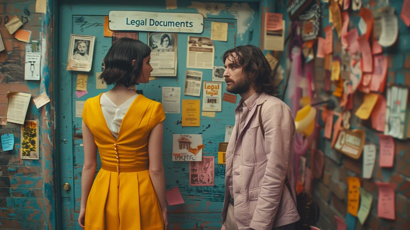 A woman in a yellow dress and a man in a light jacket discussing legal documents.