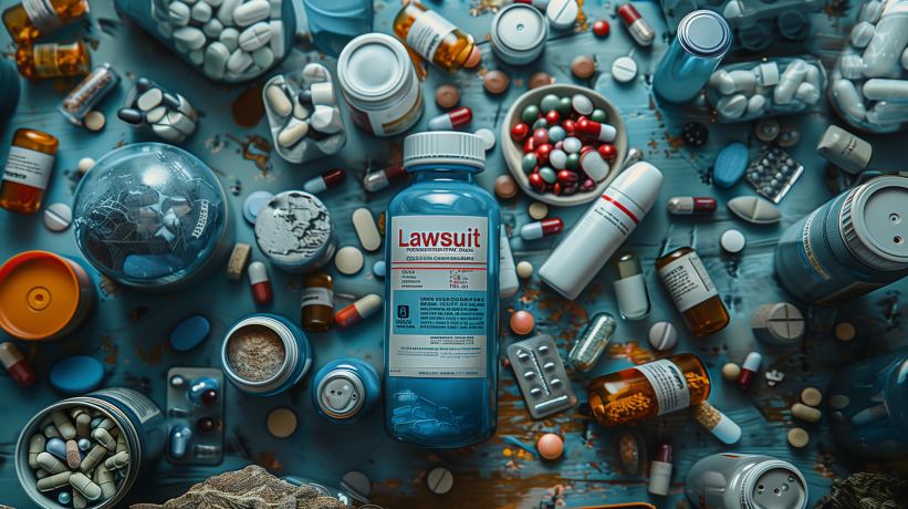 Lawsuit-themed medication bottle surrounded by various pills and medical items