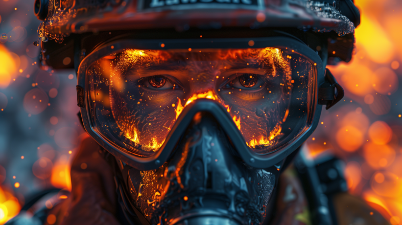 Firefighter in protective gear standing in front of a burning vehicle