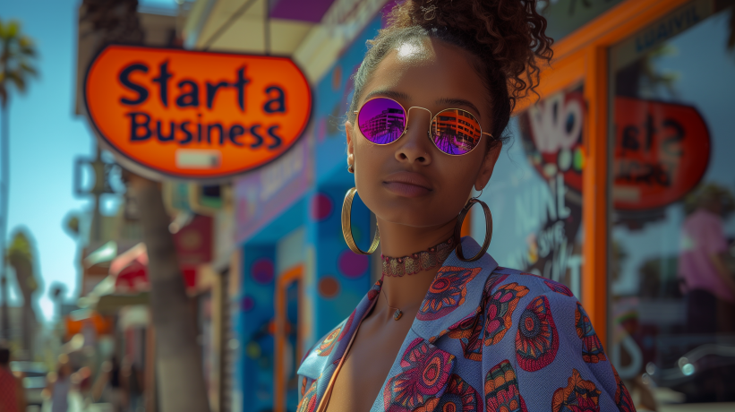 oung woman in sunglasses and colorful outfit in front of Start a Business sign