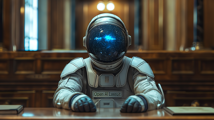 Astronaut in a courtroom with a starry sky in the helmet reflecting the universe