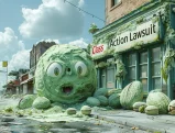 Surreal scene of giant pistachio ice cream scoop on city street