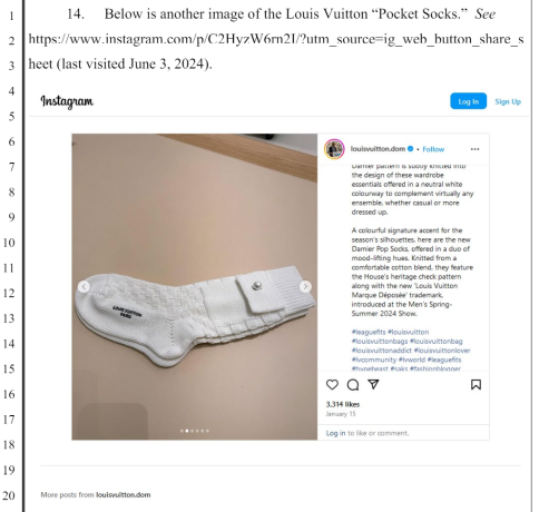 Instagram post of Louis Vuitton's white pocket socks