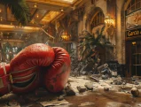 Damaged boxing glove in hotel lobby after Ryan Garcia incident