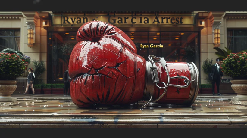 A large, red, cracked boxing glove with handcuffs lies on the ground in front of a building labeled "Ryan Garcia Arrest."