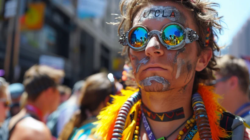 UCLA student protester with decorated goggles.