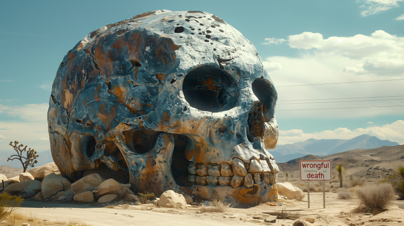 Close-up of a weathered skull sculpture in a desert landscape