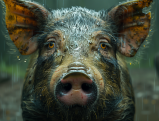 Close-up of a wet boar's face staring at the camera