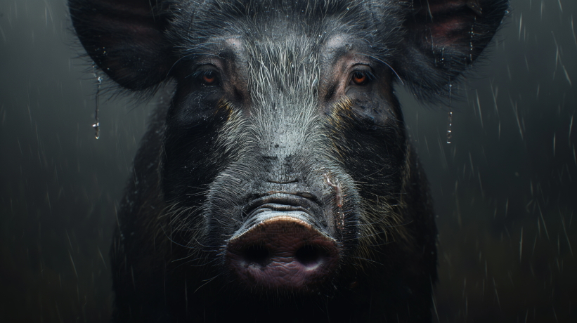 Close-up of a wet boar's face staring intensely at the camera