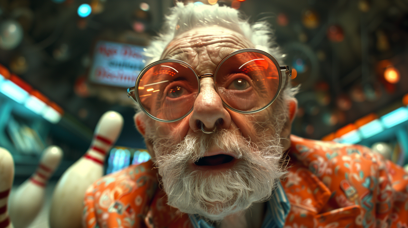 Elderly man with a surprised expression in a bowling alley