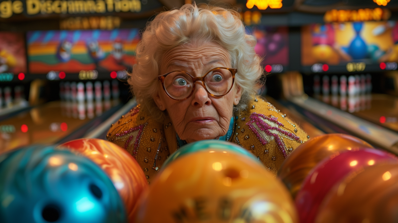 Elderly woman with surprised expression looking at bowling balls