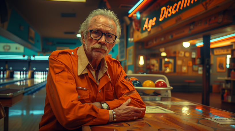 Senior man in orange jacket sitting at bowling alley counter