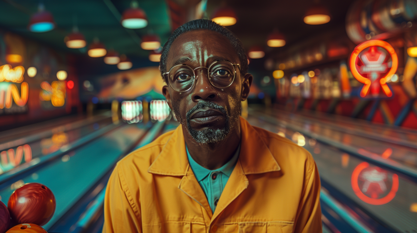 Middle-aged African American man in bowling alley looking concerned