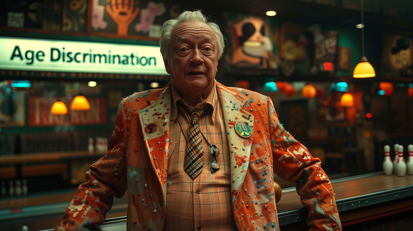 Elderly man in colorful bowling outfit standing in alley