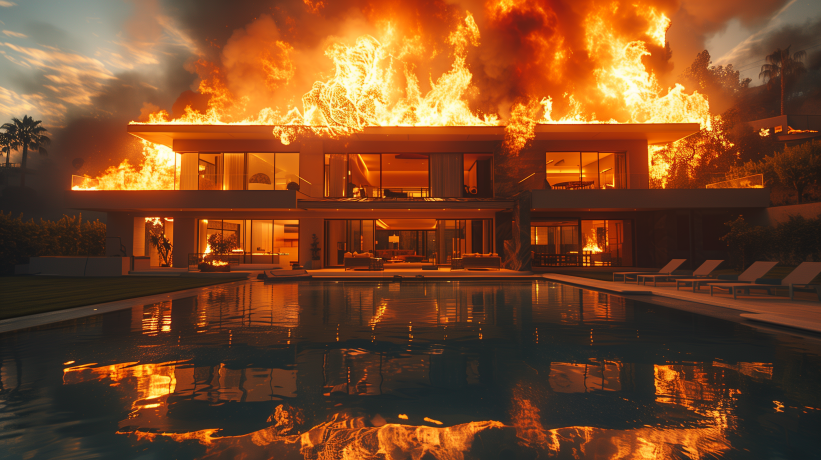 Wildfire approaching upscale home with swimming pool