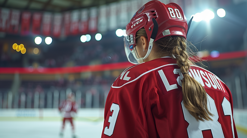 Female ice hockey player on ice rink wearing lawsuit jersey