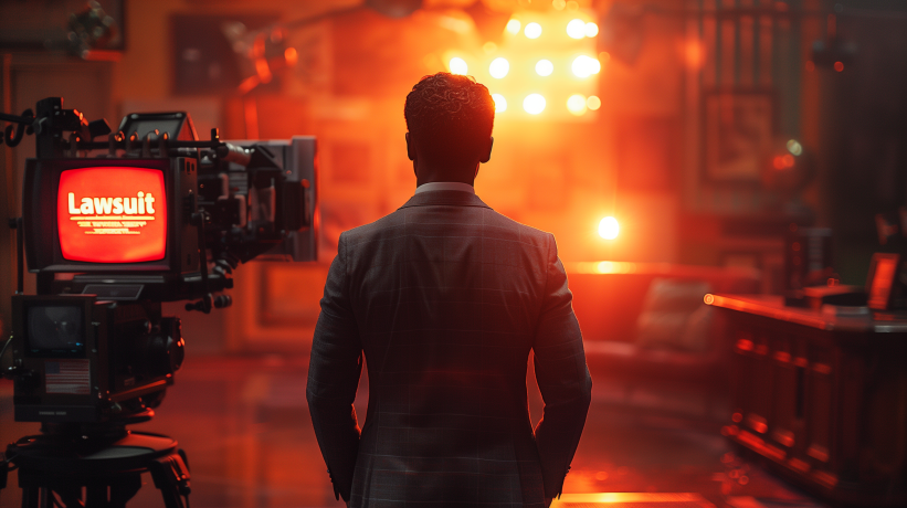 Silhouette of news anchor in front of glowing "Lawsuit" sign