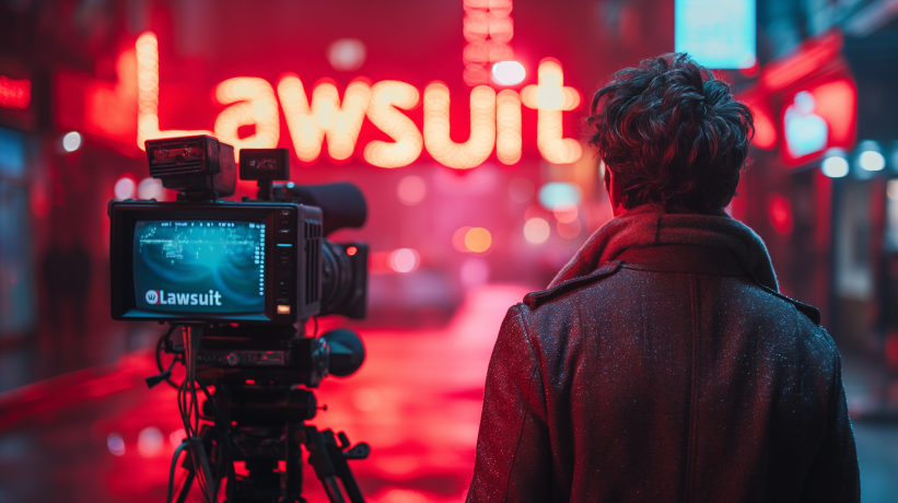 Cameraman filming lawsuit sign in urban setting