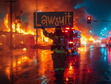 Firefighter holding a "Lawsuit" sign amidst fiery scene