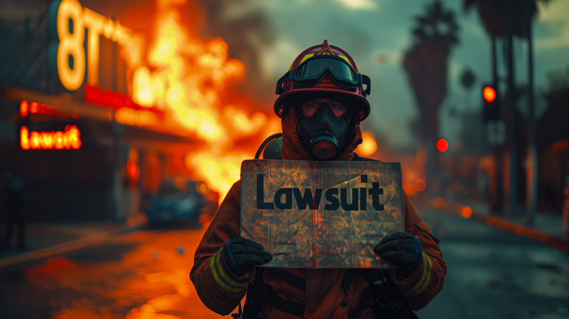 Firefighter with a lawsuit sign in a smoky street