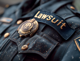 Police uniform with lawsuit text overlaid