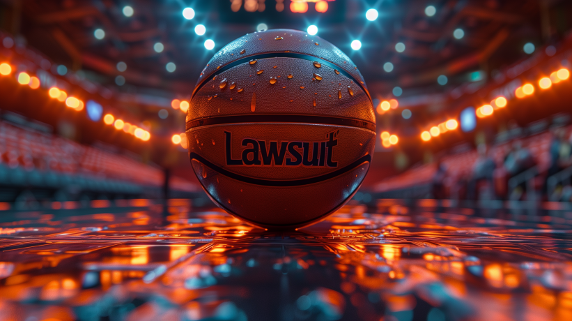 Close-up of basketball with "Lawsuit" text on reflective court