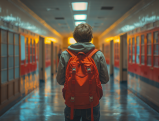 Student with red backpack in school hallway