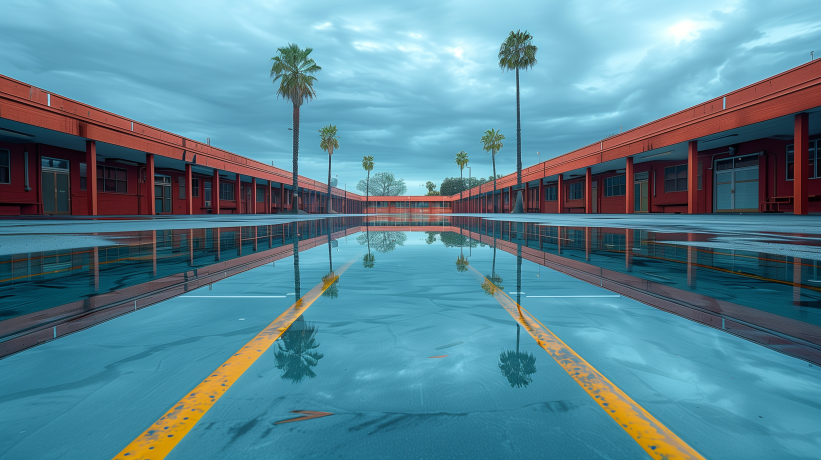 Empty school courtyard with palm trees