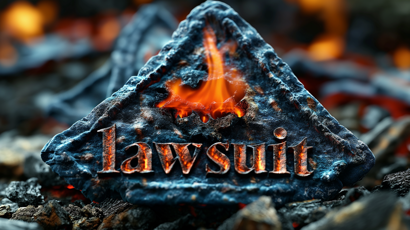 Burning lawsuit text on smoldering triangular chip