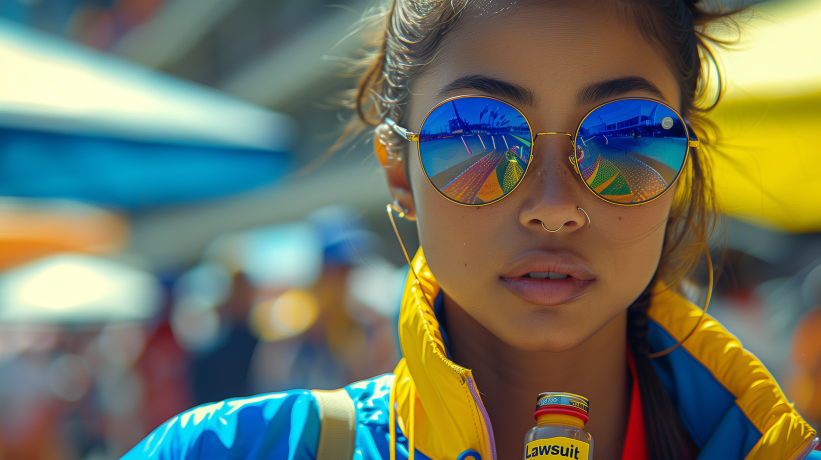 Woman in sunglasses reflecting Olympic venue, holding Prime "Lawsuit" bottle