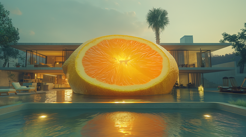 Luxurious pool at sunset with a large lemon slice reflecting in the water, symbolizing hidden defects in luxury real estate.