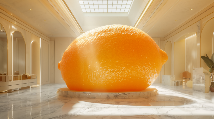 Gleaming lemon-shaped architecture in a luxurious setting, hinting at underlying issues.