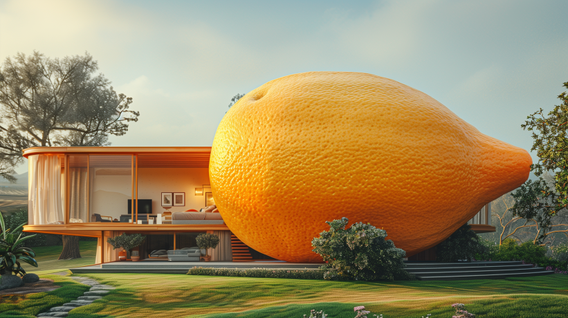 A modern lemon-shaped house nestled in a lush landscape.