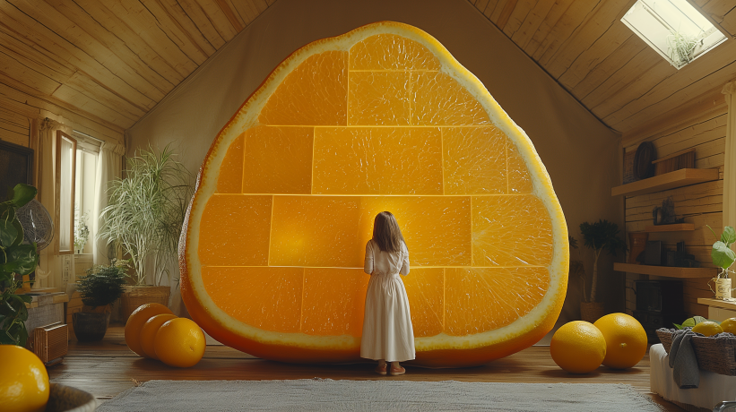 Giant lemon slice wall in a rustic attic room with a woman reflecting.