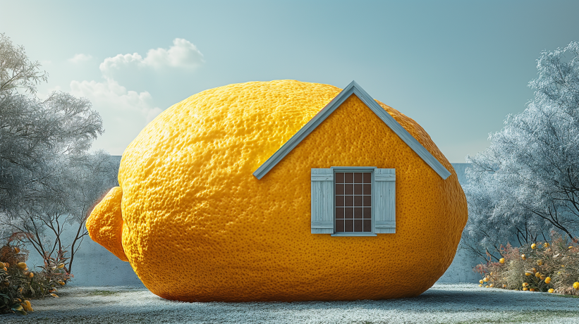 A house designed like a giant lemon in a frosty landscape.