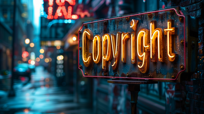 Rusty copyright sign on a rainy street with reflections.