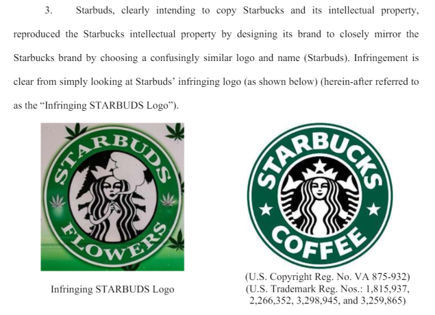 Starbucks lawsuit excerpt and logo comparison with Starbuds