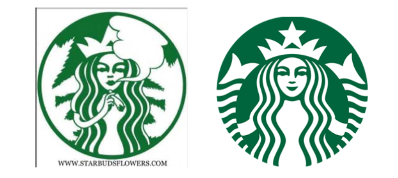 Detailed comparison of Starbuds and Starbucks logos with website